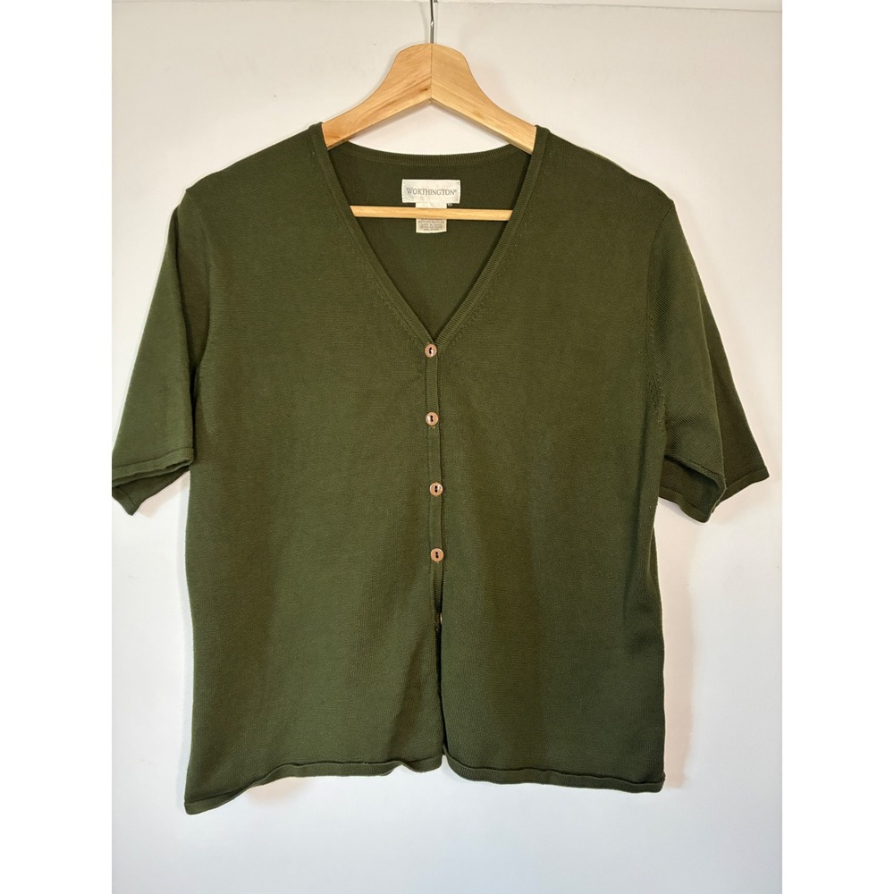Worthington Cardigan Women Large Green Silk Blend Short Sleeve V-Neck Knit Top